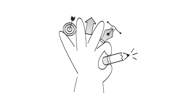A hand holding elements of a branding design service