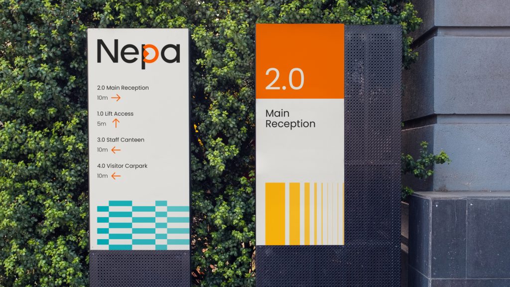 NEPA visual identity signage outside building